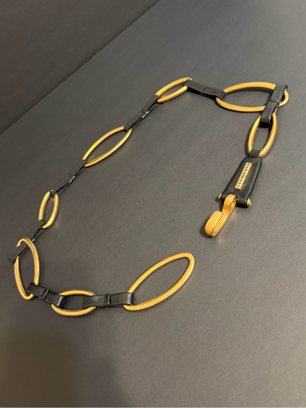 Suzi Roher Black Leather and Gold Oval Link Belt